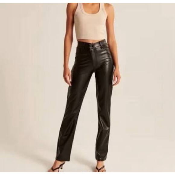 Abercrombie The 90s Straight Ultra High Rise Black Vegan Leather Pants - Picture 2 of 12